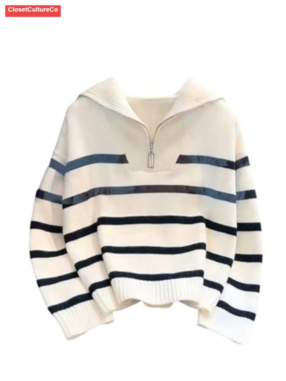Striped Long Sleeve Quarter Zip Drop Shoulder Sweater Pullover